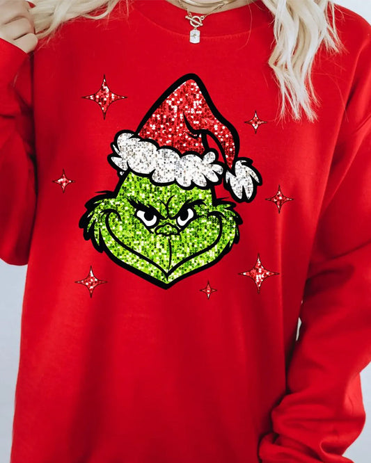 Faux glitter grinch face christmas sweatshirt 2024 f/w christmas grinch sweatshirts