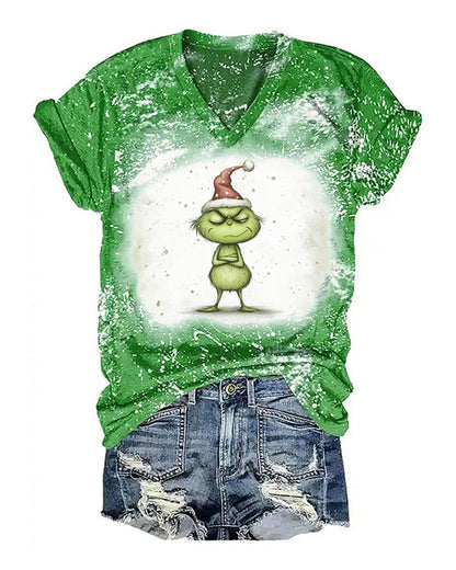 Casual V-neck grinch print short-sleeve T-shirt 2024 f/w christmas Grinch spring summer t-shirts