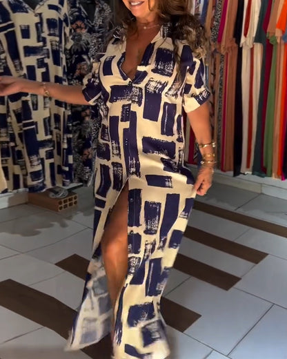 Lapel Slit Plaid Color Block Dress