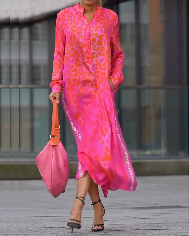 Long-Sleeved Leopard Print Slit Dress