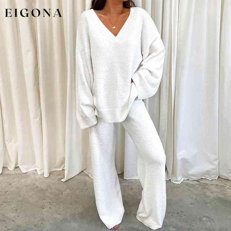 V-Neck Long Sleeve Top and Long Pants Set White clothes R.T.S.C Ship From Overseas