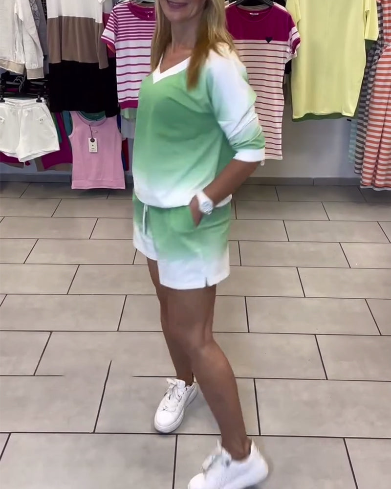 Langärmliges Sport-Set mit V-Ausschnitt und Farbverlauf