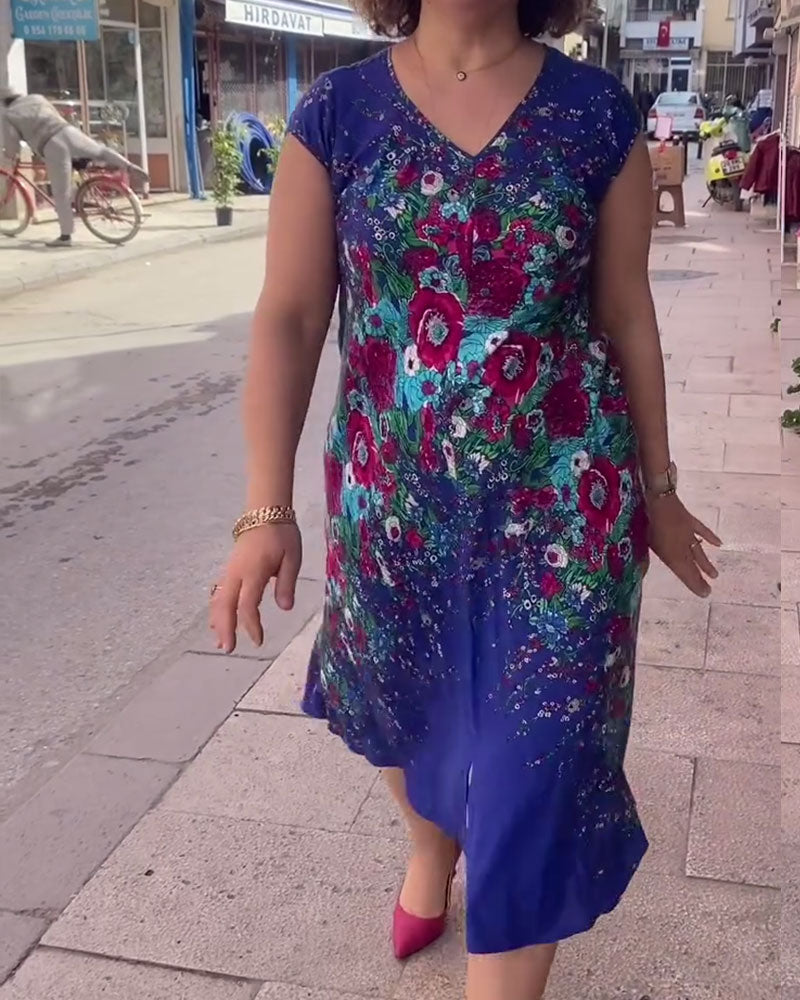 Lässiges Kleid mit V-Ausschnitt und Blumendruck