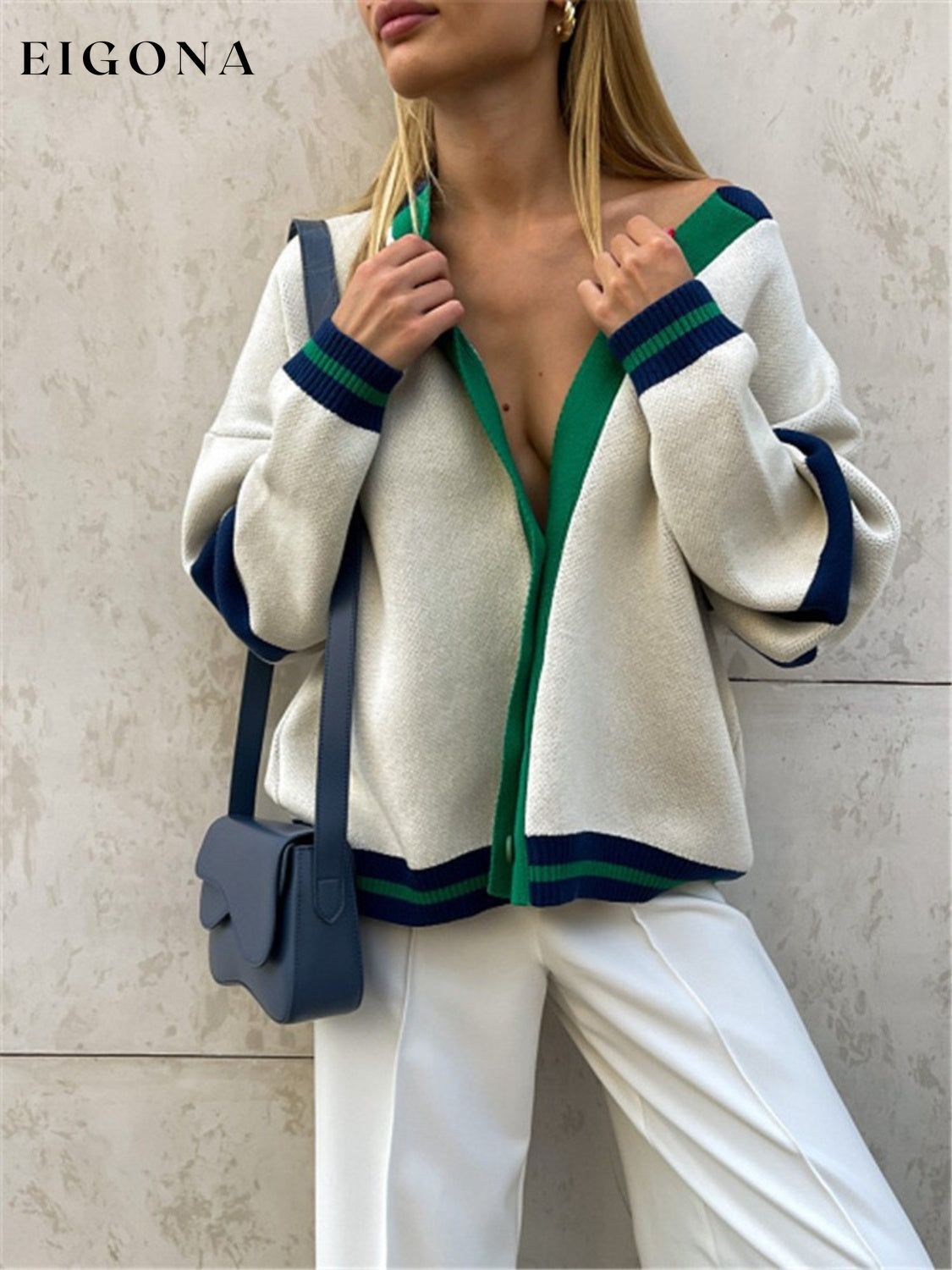 Contrast Dropped Shoulder V-Neck Cardigan cardigan cardigans clothes G.JI Ship From Overseas Shipping Delay 09/29/2023 - 10/04/2023 sweater sweaters
