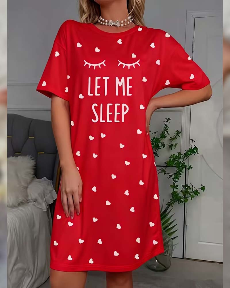 Letter Heart Print Casual Nightgown Dress