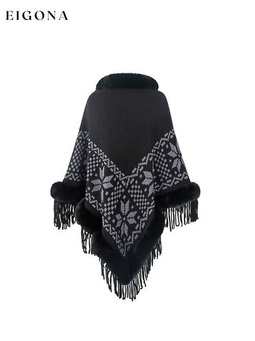 Fringe Geometric Cape Sleeve Poncho Black One Size christmas sweater clothes Drizzle poncho Ship From Overseas Sweater sweaters