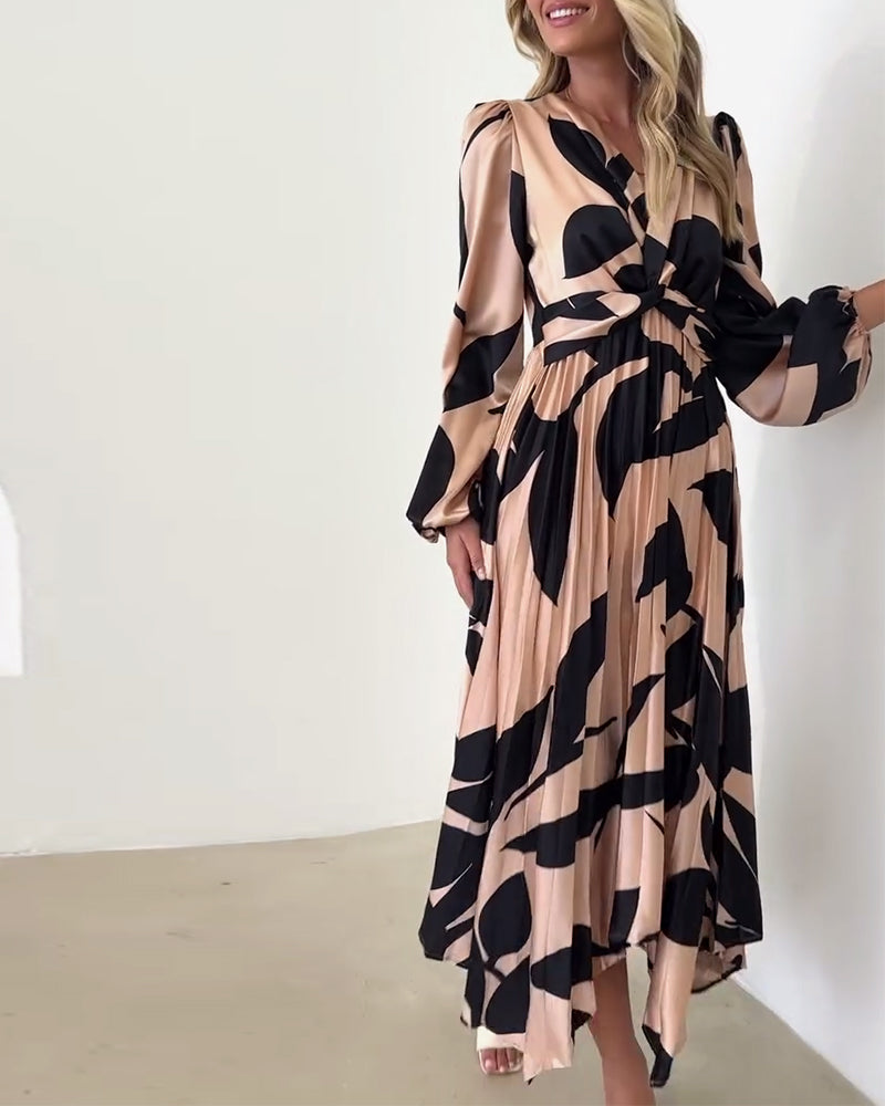 Elegant leaf print pleated long sleeve dress casual dresses spring summer