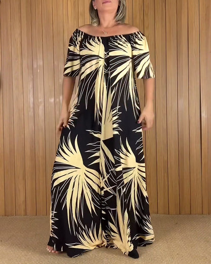 Schulterfreies Kleid mit Blattmuster
