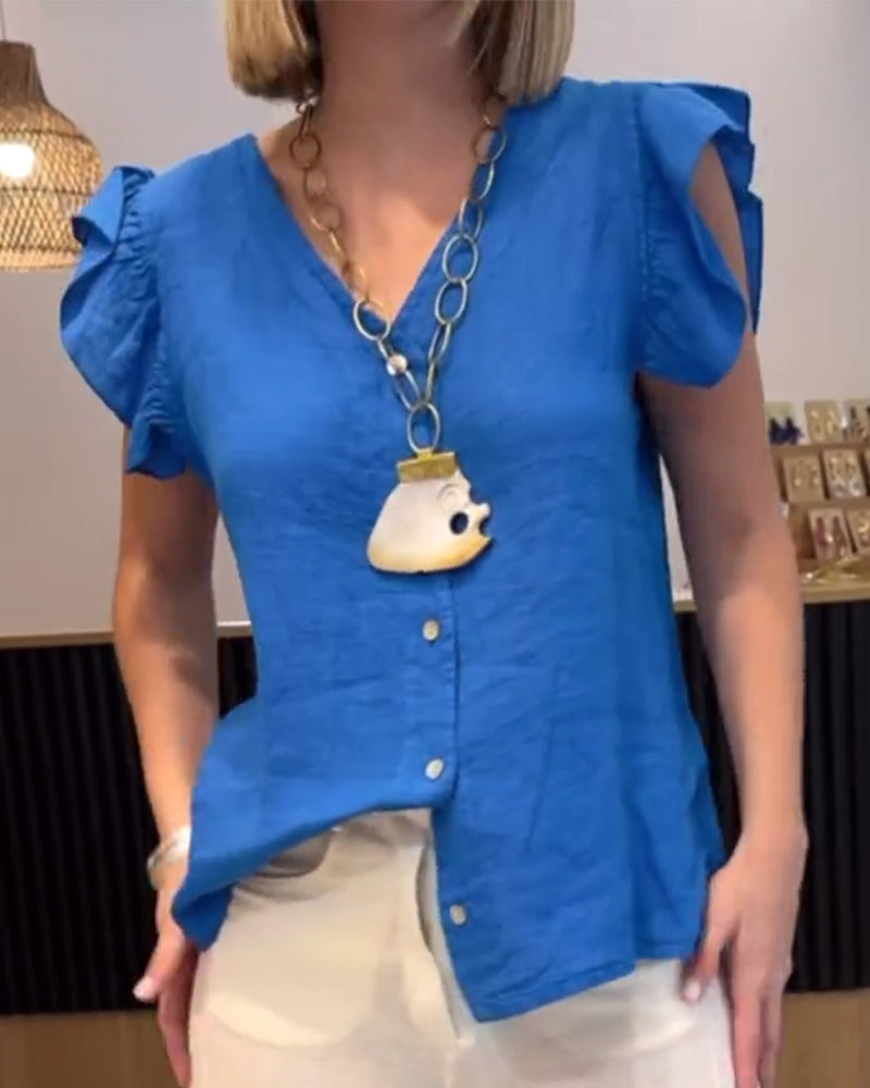 V-Neck French Ruffle Sleeveless Blouse