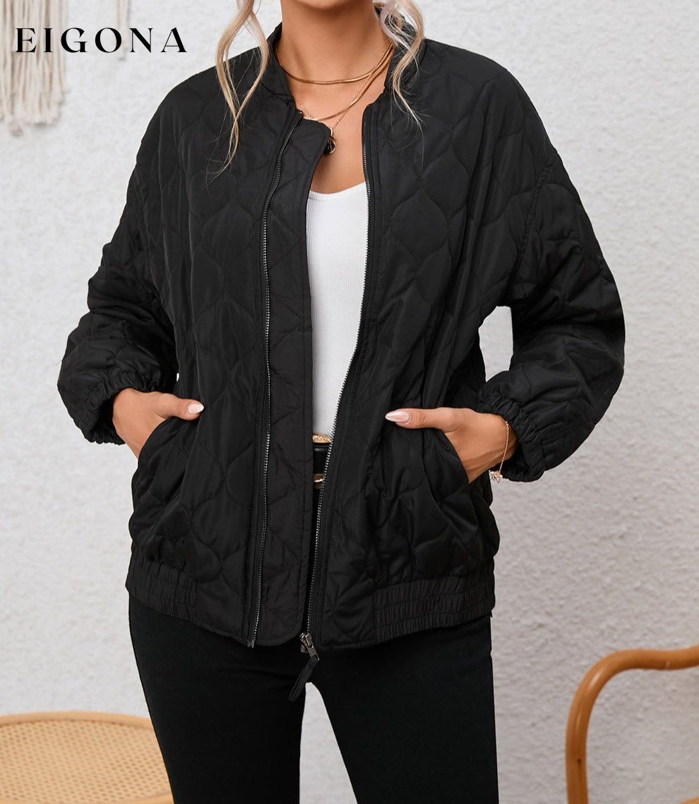 Black Solid Color Quilted Zip Up Puffer Jacket All In Stock Best Sellers clothes Craft Quilted Jacket Coat Jackets & Coats Occasion Daily Print Solid Color Season Winter Style Casual