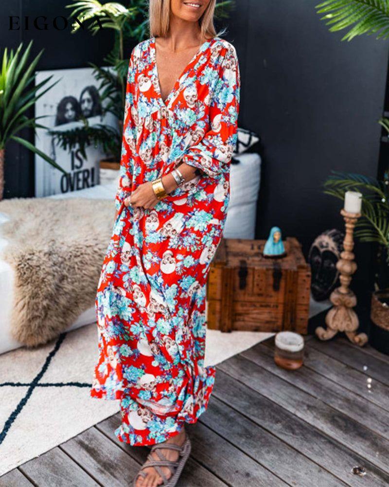 Floral skull print deep V long-sleeve vacation dress spring summer vacation dresses