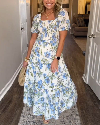 A-Linien-Kleid mit eckigem Ausschnitt, Plissee und Blumenmuster