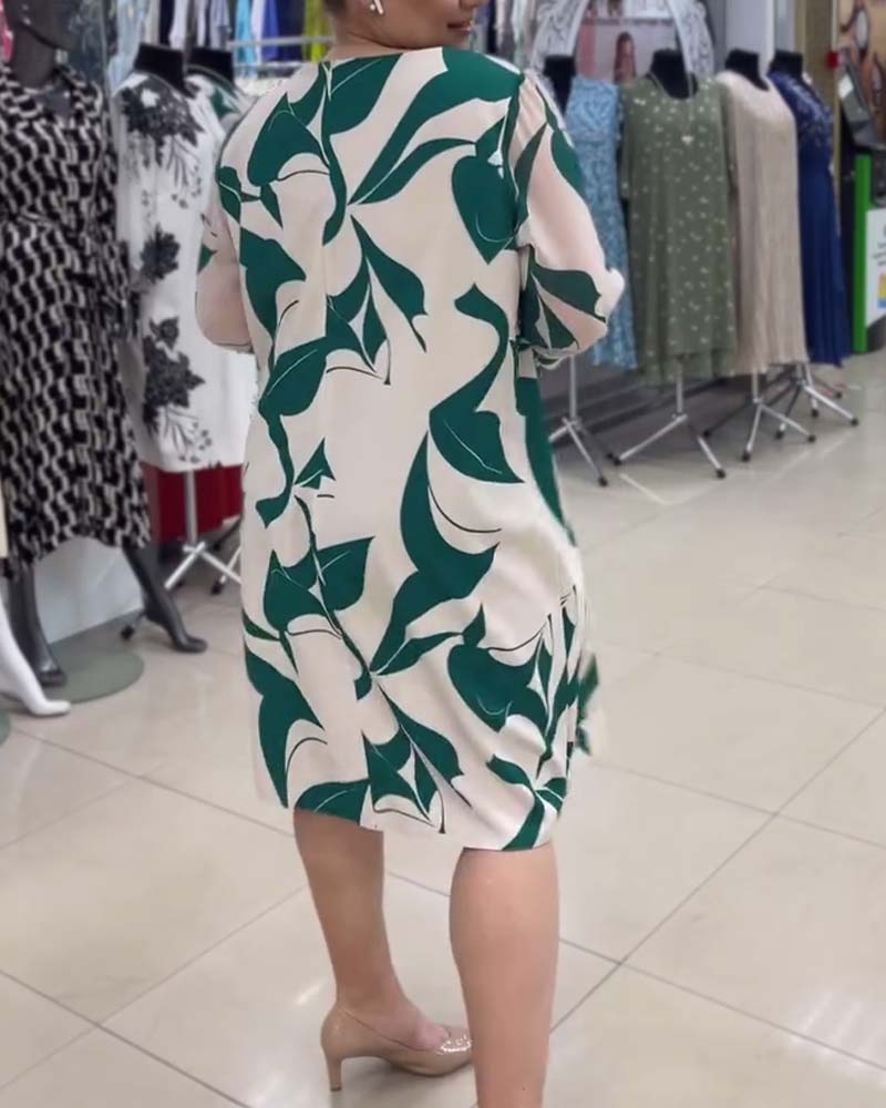 Casual leaf print round neck loose dress 2024 f/w casual dresses spring