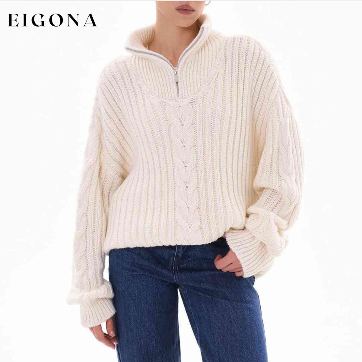 Ribbed Half Zip Long Sleeve Sweater clothes S.X Ship From Overseas