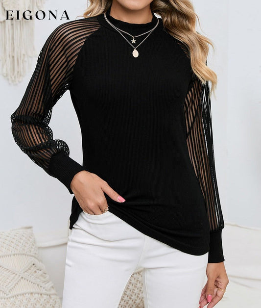 Round Neck Semi-Sheer Long Sleeve Black Blouse Black clothes long sleeve shirts long sleeve top Ship From Overseas shirt shirts SYNZ top tops