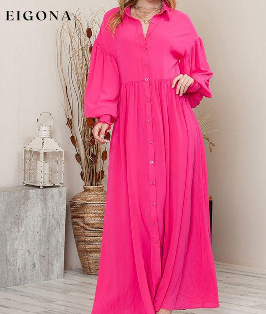 Collared Neck Button-Up Maxi Dress Hot Pink clothes dresses long sleeve dresses maxi dress pink dresses Ship From Overseas SYNZ trend