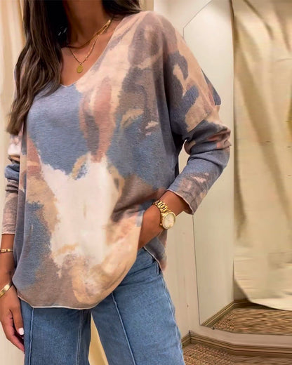 Tie-dye printed V-neck casual top 2024 f/w blouses & shirts