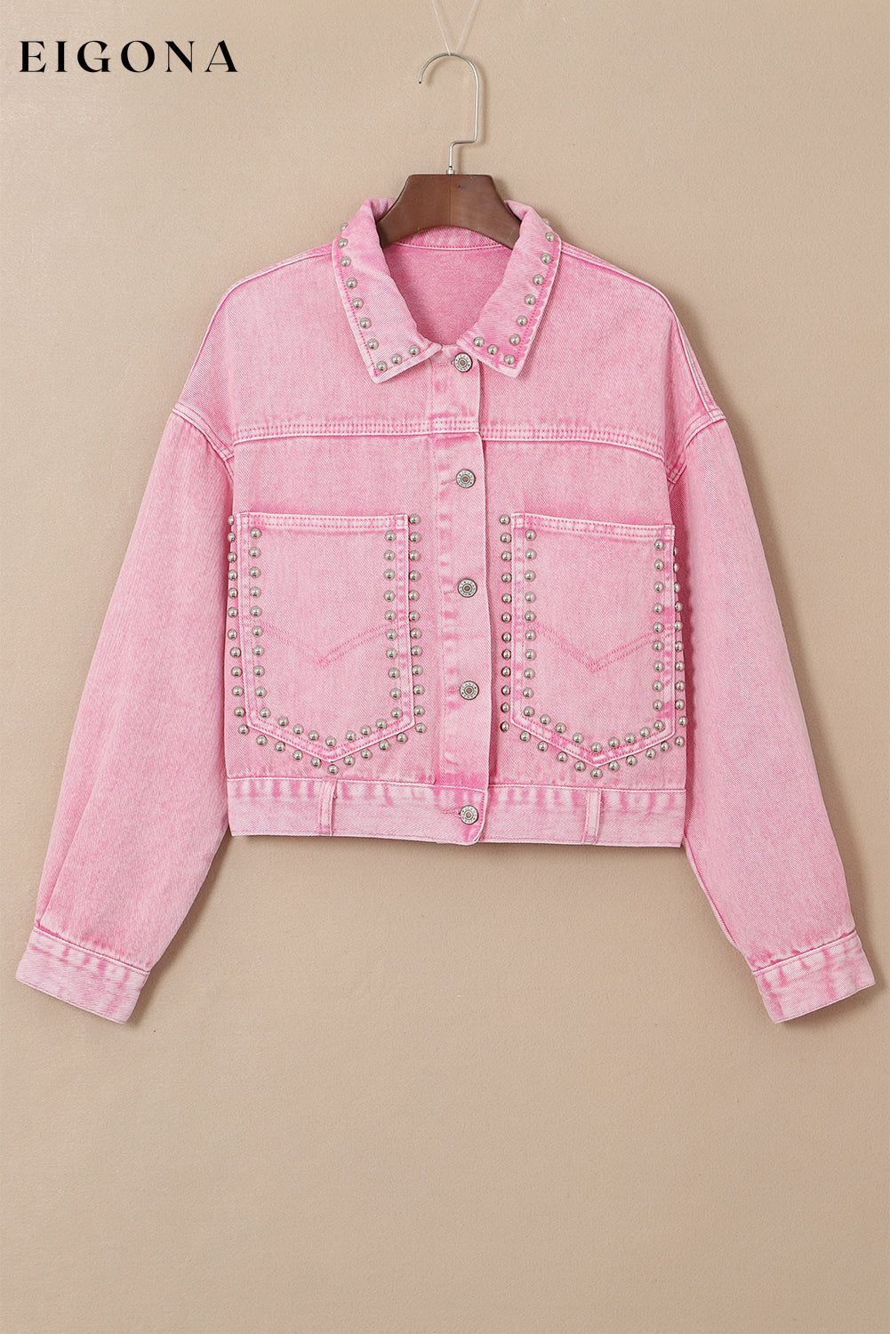 Pink Rivet Studded Pocketed Pink Denim Jacket All In Stock Category Shacket clothes Color Pink Craft Rhinestone Day Valentine's Day Fabric Denim Jackets & Coats Occasion Daily Print Solid Color Season Winter