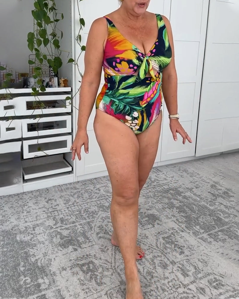 Einteiliger Badeanzug mit Blattmuster