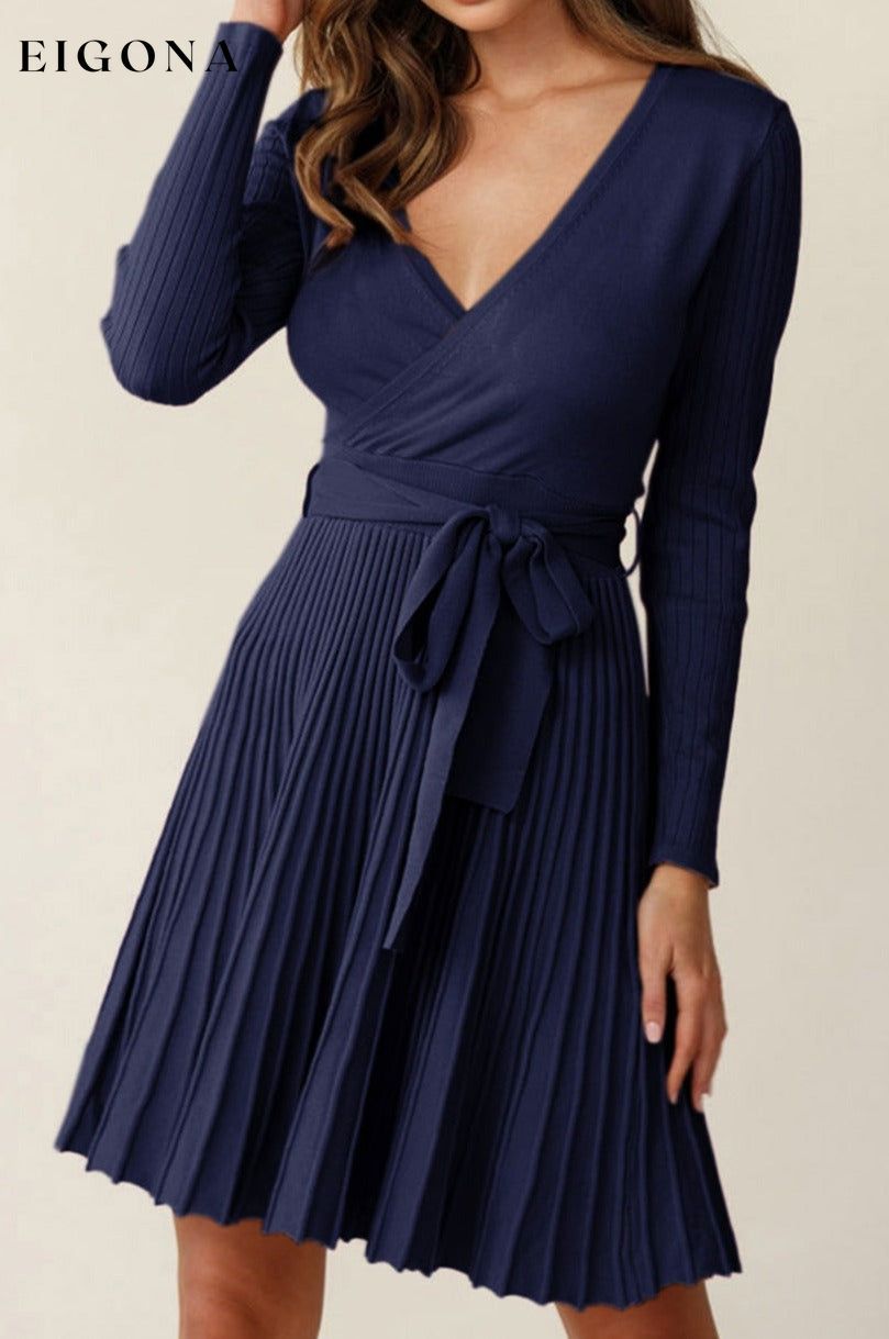 Surplice Neck Tie Waist Pleated Dress Navy clothes dress dresses Ship From Overseas SYNZ trend