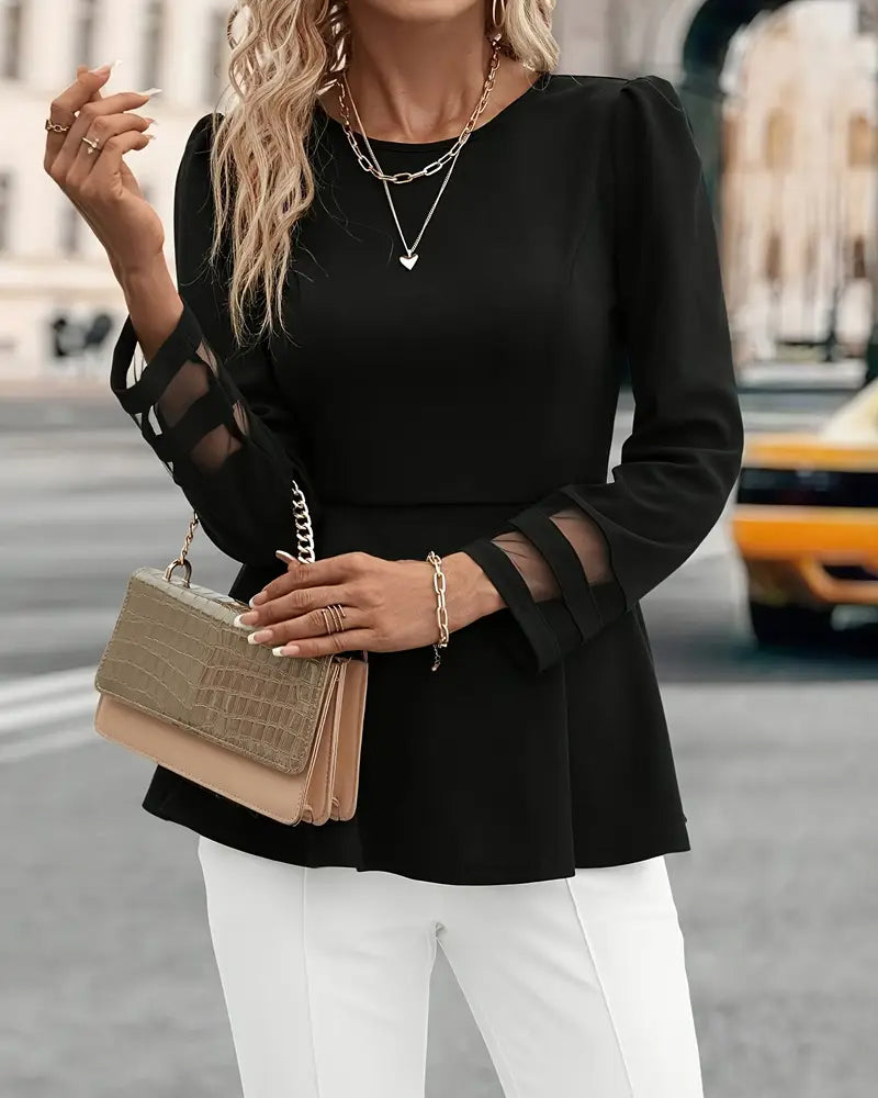 Puff Sleeve Solid Splicing Mesh Long Sleeve Top