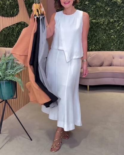 Lässiges, einfarbiges, ärmelloses, unregelmäßiges, schmales Set