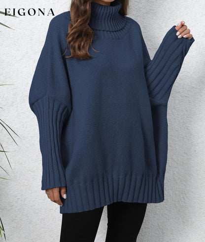 Turtle Neck Long Sleeve Ribbed Sweater Navy One Size clothes O & Y.M Ship From Overseas trend