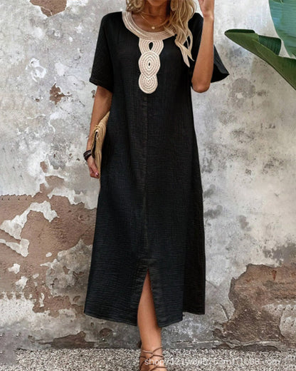 Solid color round neck slit dress casual dresses summer