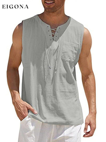 Men's Casual Cotton Linen Solid Color Hooded Lace Up Vest men s linens