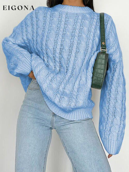Openwork Round Sleeve Cable-Knit Sweater Sky Blue clothes Ship From Overseas sweater sweaters Sweatshirt X.W