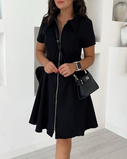 Solid color lapel zipper short sleeve dress casual dresses summer