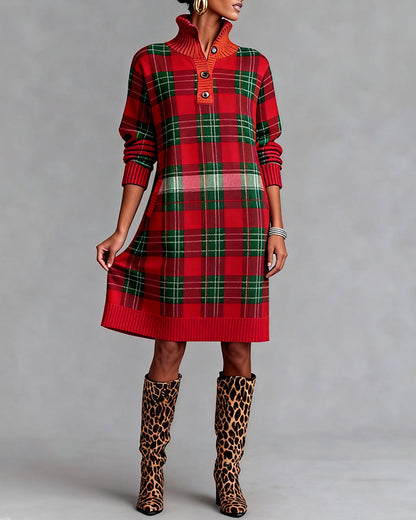 Plaid button-down collar fashion dress