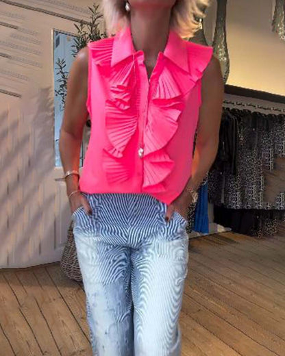 Fashionable ruffle lapel sleeveless blouse