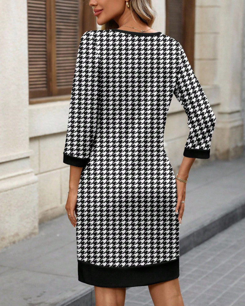 Women's Crew Neck Houndstooth Bodycon Midi Dress