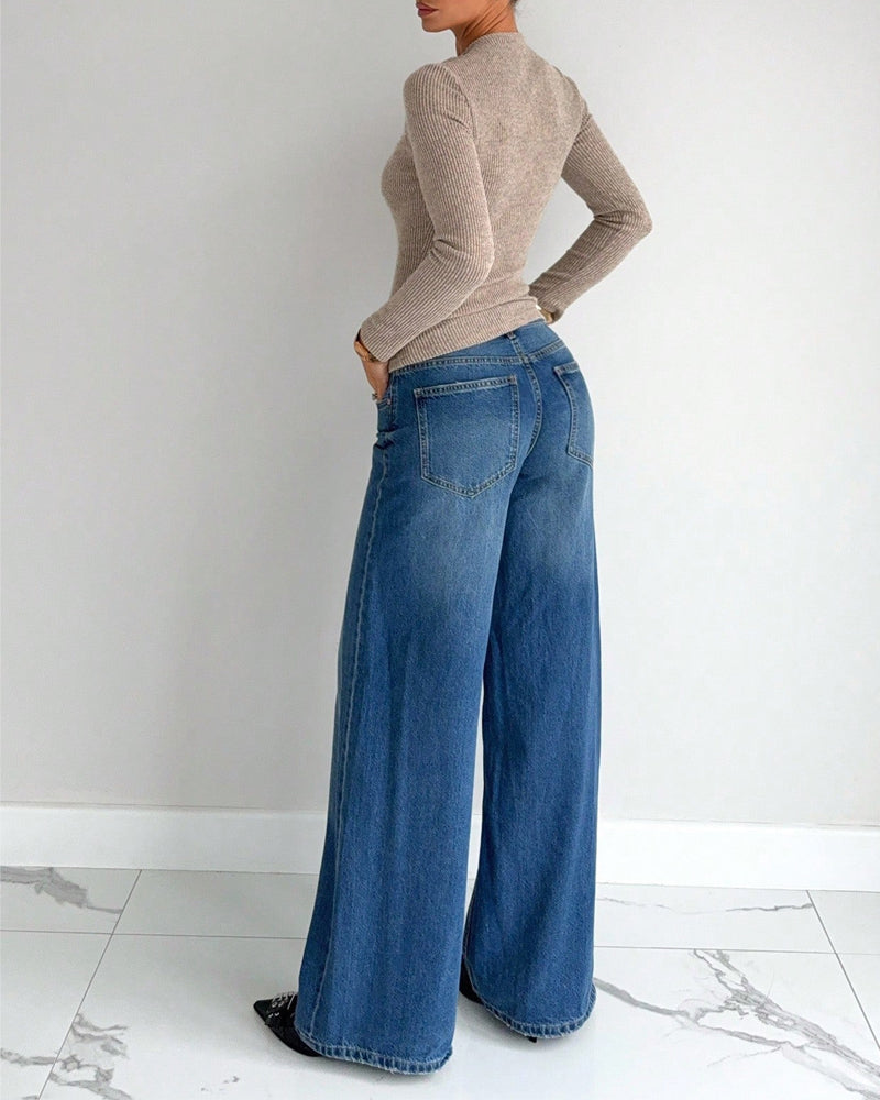 Women's Long Sleeve Ribbed Knit Swivel Front T-Shirt