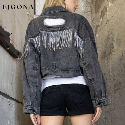 Cropped Collared Neck Dropped Shoulder Denim Jacket clothes DE.O.Z.X Ship From Overseas Shipping Delay 09/29/2023 - 10/06/2023 trend