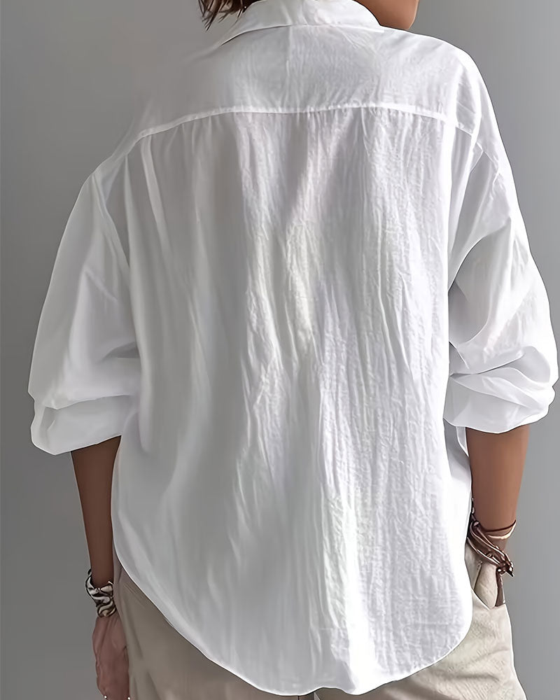 Solid Color Lapel Half-Placket Long Sleeve Blouse
