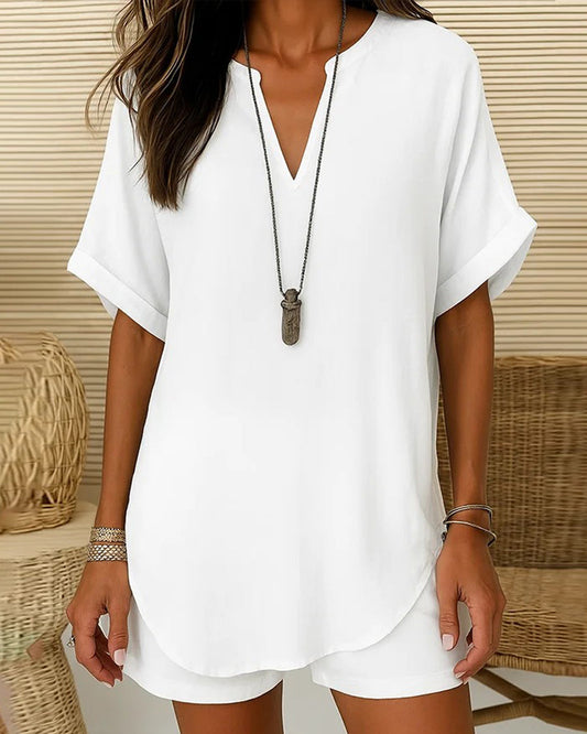 V-Neck Solid Color Short Sleeve T-Shirt