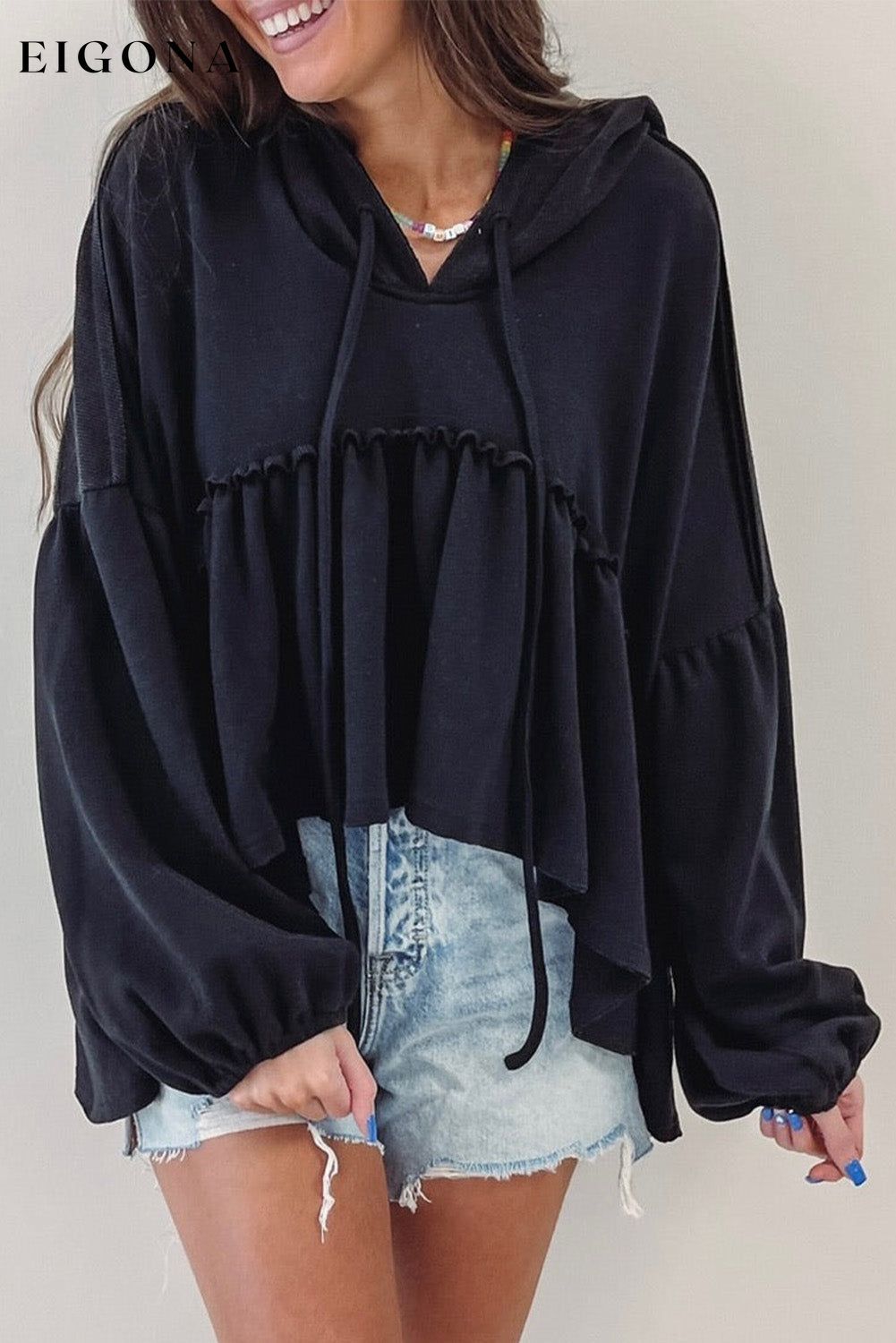 Black Oversized Ruffled High Low Hem Drop Shoulder Hoodie All In Stock clothes long sleeve top Occasion Daily Print Solid Color Season Spring Style Casual sweater sweaters top tops