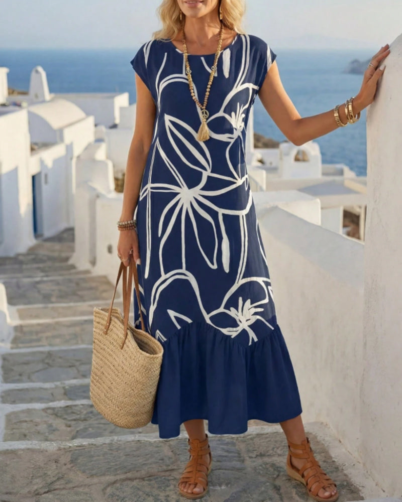 Round-Neck Printed A-Line Dress