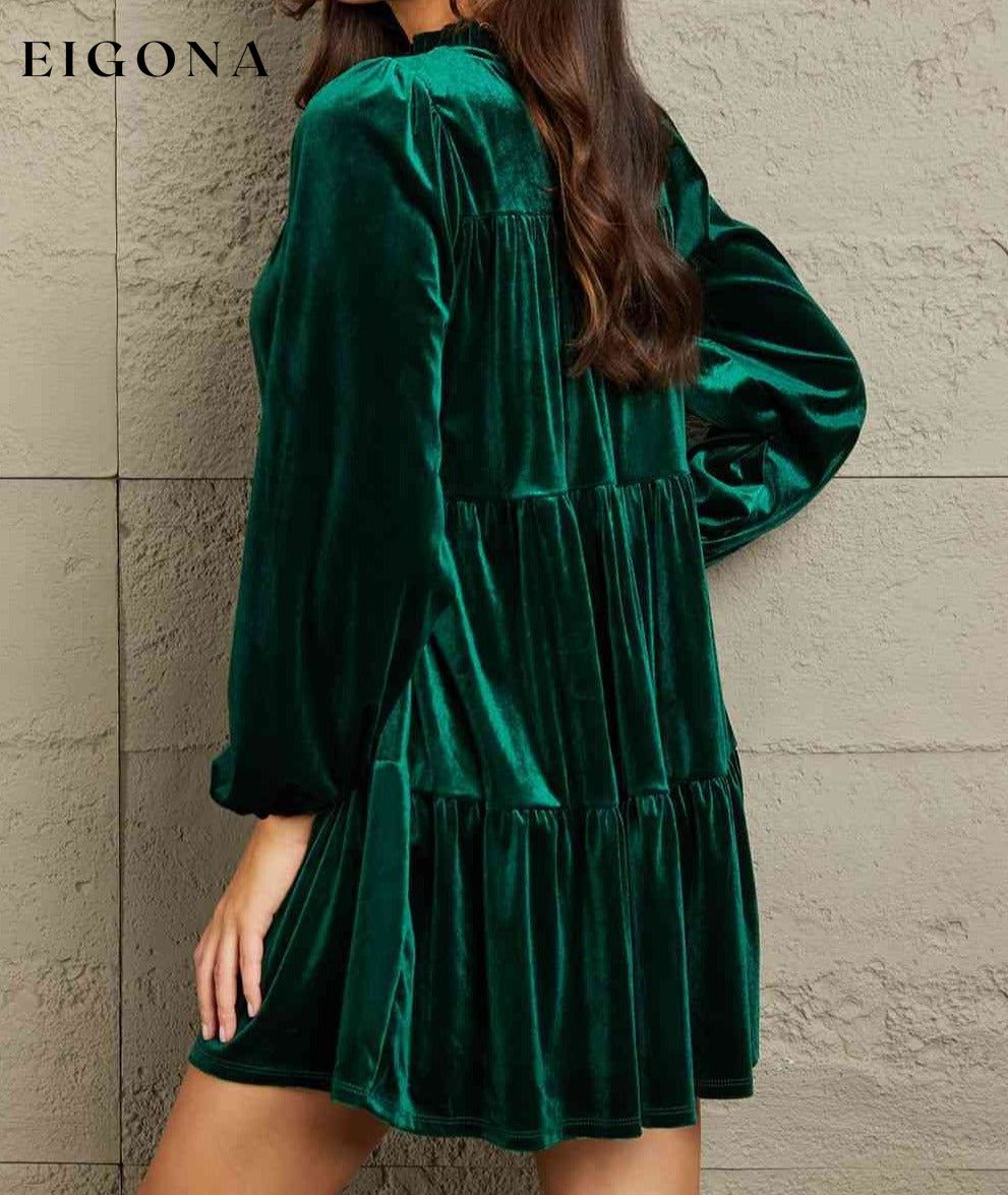 Full Size Velvet Short Casual Tiered Dress BFCM - Up to 70 Percent Off Black Friday casual dresses clothes dresses GeeGee Green dress green dresses long dress long sleeve long sleeve dresses Ship from USA short dresses