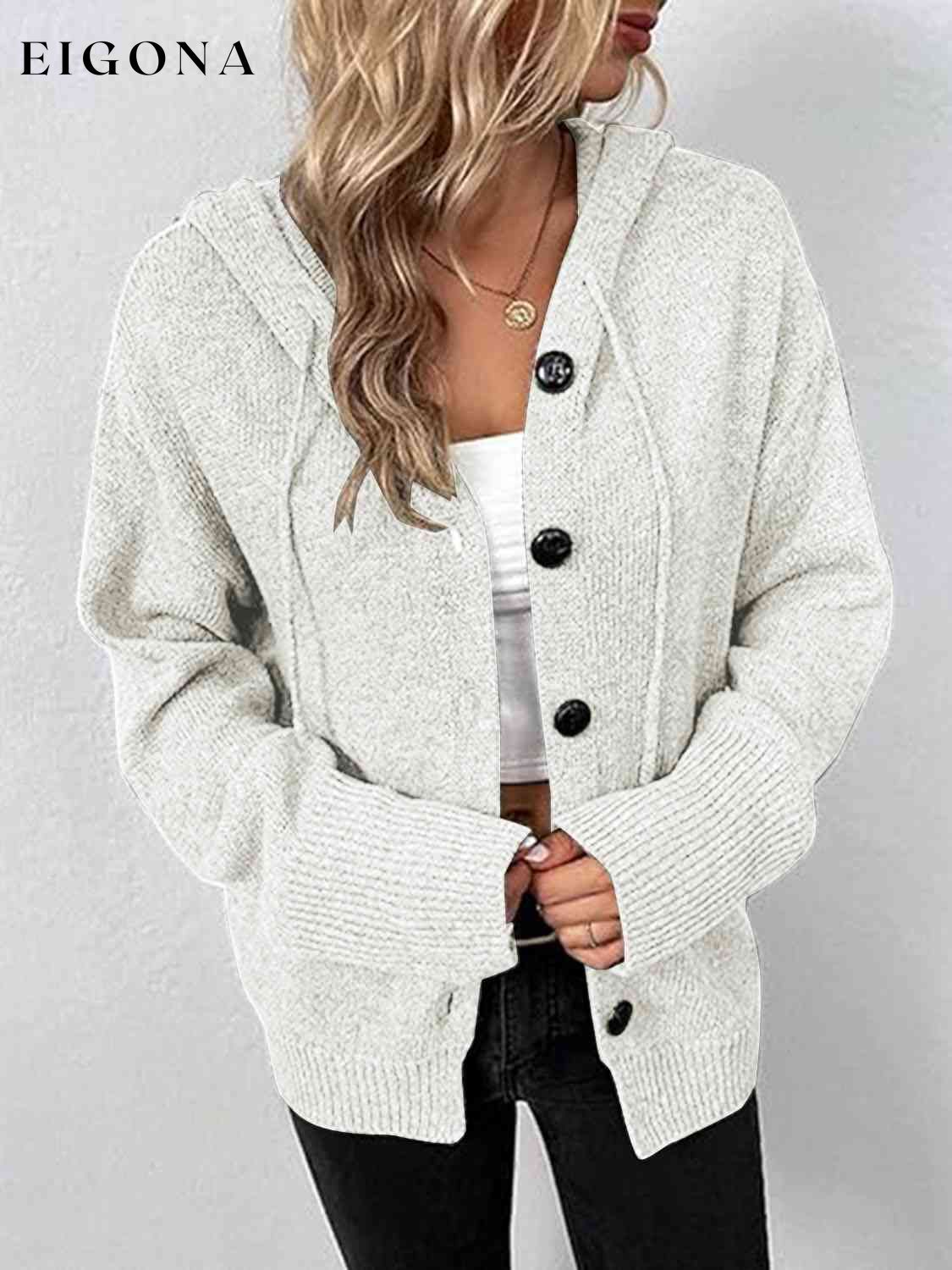 Button Up Drawstring Long Sleeve Hooded Cardigan White clothes Ship From Overseas Y*X