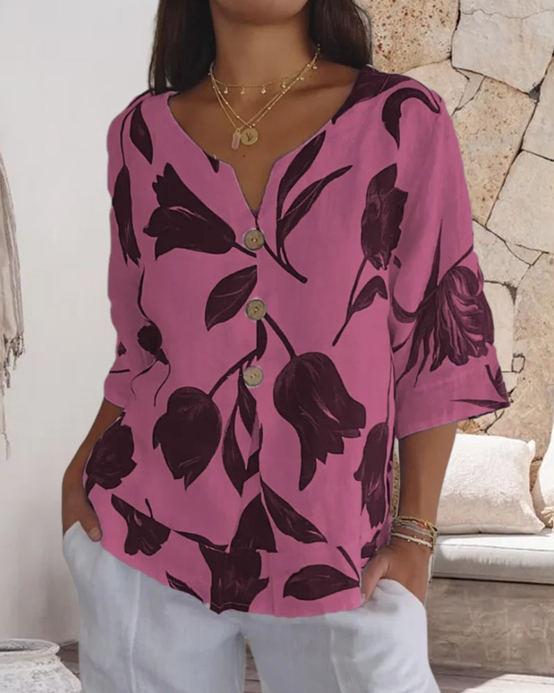 Top con bottoni in cotone e lino con stampa floreale