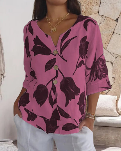 Top con bottoni in cotone e lino con stampa floreale