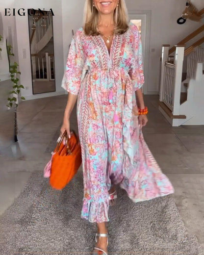 V neck half sleeve print dress Pink 23BF Casual Dresses Clothes Dresses Spring Summer