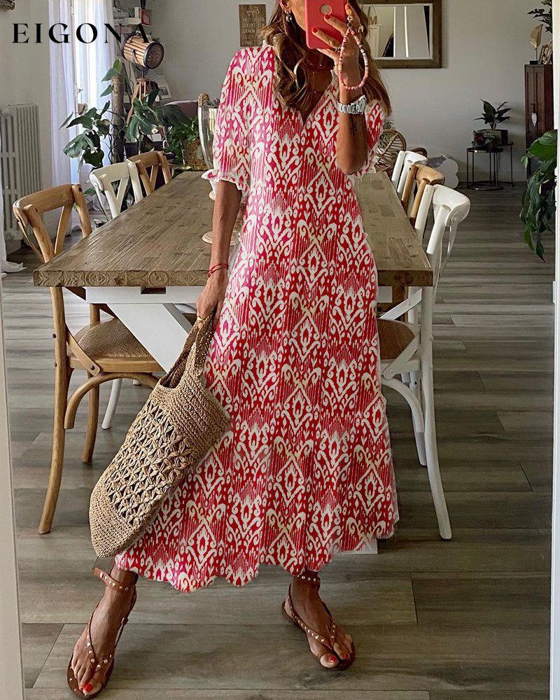 V-neck printed drawstring maxi dress Red 23BF Casual Dresses Clothes Dresses Spring Summer