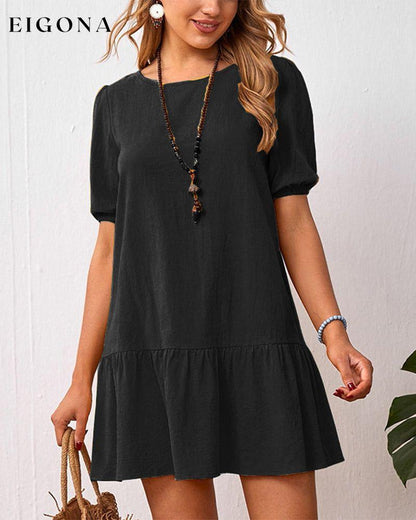 Cotton Linen Dress with Puff Sleeves Black 23BF Casual Dresses Clothes cotton and linen Dresses Spring Summer