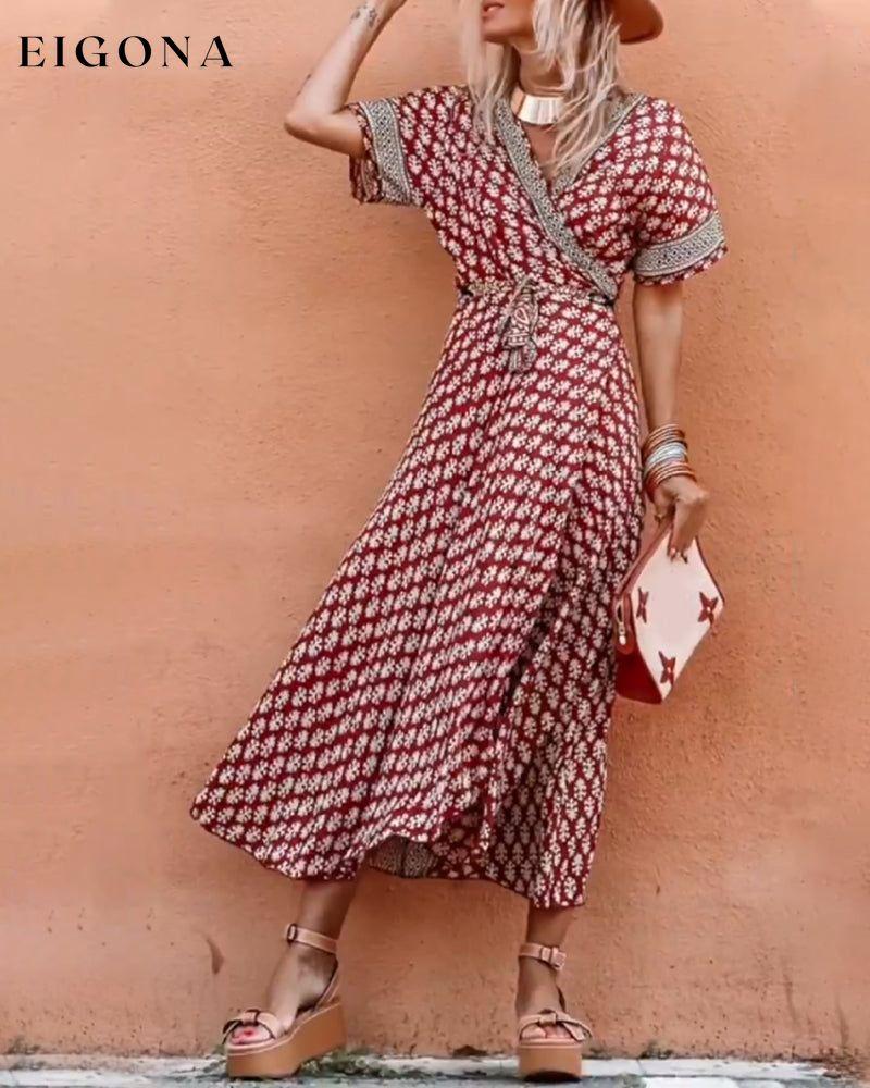 Vintage V Neck Print Dress 23BF Casual Dresses Clothes Dress Dresses Summer vacation dresses