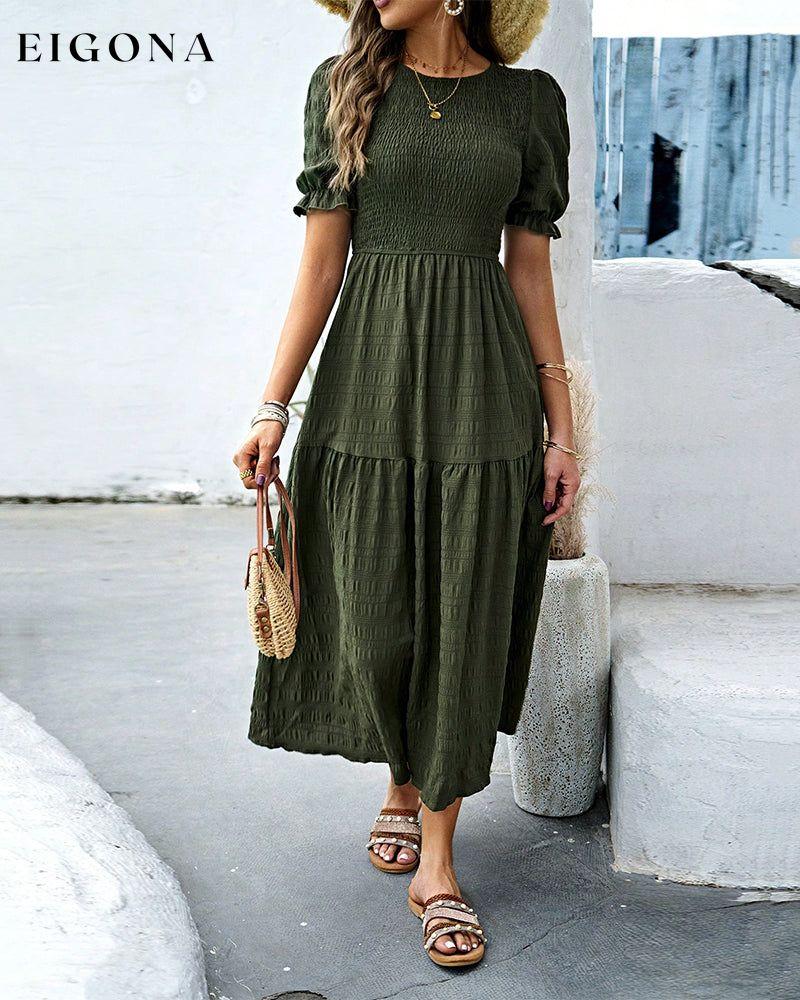 Round neck Shirred Dress Army Green 23BF Casual Dresses Clothes Dresses Spring Summer