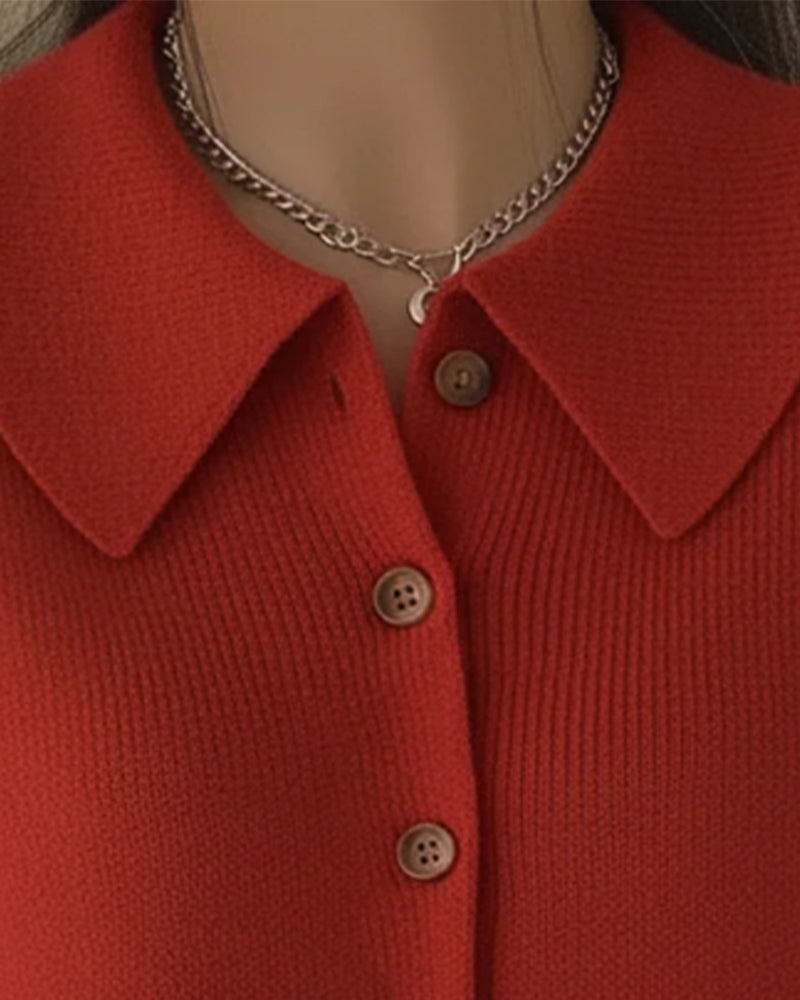 Long-Sleeved Button-Down Lapel Jumper